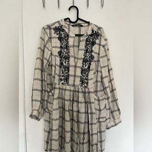 Zara Mini Long Sleeve Flowy Tunic Dress Embroidered Collar